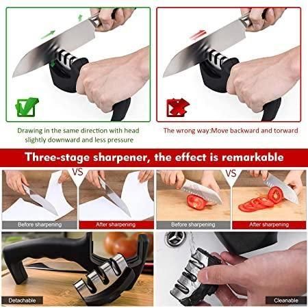 Knife Sharpener- 3 Stage Professional Knife Sharpener, Kitchen Manual Stainless Steel Knife Sharpener Helps Repair, Restore and Polish Blades for Straight and Serrated Knives