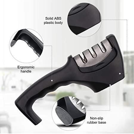 Knife Sharpener- 3 Stage Professional Knife Sharpener, Kitchen Manual Stainless Steel Knife Sharpener Helps Repair, Restore and Polish Blades for Straight and Serrated Knives